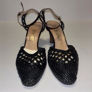 First Lady Bootery Women’s Ankle Strap Leather Woven Pumps Black Sz 8.5 B